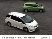 pictured front to back are FIT SHUTTLE HYBRID (body color: Premium White Pearl), FIT HYBRID (body color: Fresh Lime Metallic) manufacturer's optional vehicle