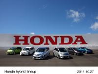 Honda hybrid lineup (from left, Fit Hybrid, Fit Shuttle Hybrid, Freed Hybrid, Freed Spike Hybrid, Insight Exclusive, CR-Z)
