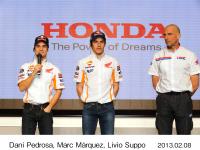 (from left) Dani Pedrosa, Marc Marquez, Repsol Honda Team Principal Livio Suppo