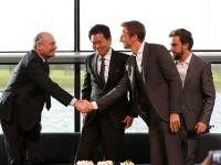 (from left) Ron Dennis, Yasuhisa Arai, Jenson Button, Fernando Alonso