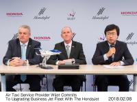 Mr. Simon Roads, senior division director of sales at Honda Aircraft Company, Mr. Michimasa Fujino, CEO of Honda Aircraft Company, and Mr. Patrick Hersent, CEO of Wijet, after signing a Memorandum of Understanding (MoU) today for multiple HondaJets to upgrade the Wijet fleet. 