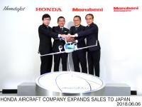 (from left)Mr. Michimasa Fujino, CEO of Honda Aircraft Company, Mr. Takahiro Hachigo, Honda Motor Co., Ltd. President & CEO, Mr. Toshiaki Ujiie, Marubeni Corporation CEO of Transportation & Industrial Machinery Group, Mr. Gentaro Toya, President & CEO of Marubeni Aerospace