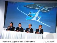 (from left)Mr. Michimasa Fujino, CEO of Honda Aircraft Company, Mr. Takahiro Hachigo, Honda Motor Co., Ltd. President & CEO, Mr. Toshiaki Ujiie, Marubeni Corporation CEO of Transportation & Industrial Machinery Group, Mr. Gentaro Toya, President & CEO of Marubeni Aerospace