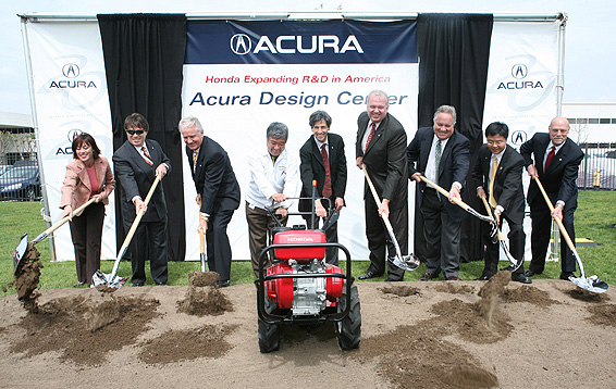 American Honda Motor Company executives break ground on a design center in Torrance, California, Monday, marking the luxury brand's 20th anniversary. Pictured (l to r): Original Acura employee Lisa-Filippi Alvarez; VP of Acura Sales Steve Center; American Honda EVP Dick Colliver; President, Honda R&D Americas Hirohide Ikeno and Governor's Advisor for Jobs and Economic Growth David Crane, (both at tiller); Honda Senior VP, Auto Operations John Mendel; Torrance Mayor Dan Walker, State Assemblyman Ted Lieu and Original Acura employee Dave Heath.