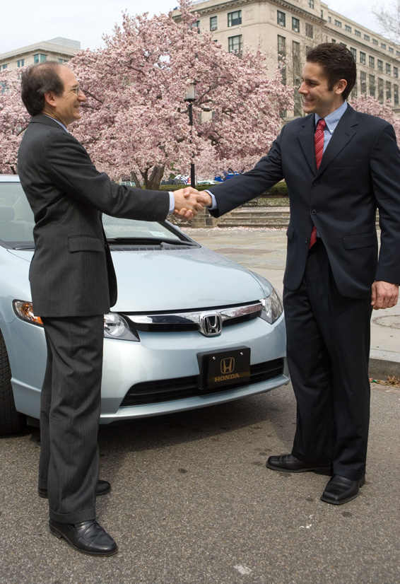 Union of Concerned Scientists (UCS) Vehicles Engineer Don MacKenzie delivers news of Honda's ranking as "2007 Greenest Automaker" to Honda North America Vice President Edward B. Cohen near the UCS office in Washington, D.C. Published by the science-based nonprofit, MacKenzie authored the biennial "Environmental Performance of Car Companies" report which ranks automakers U.S. automobile fleet by overall production of smog-forming emissions and greenhouse gas emissions. Honda has earned the title of "greenest automaker" for the fourth consecutive time.