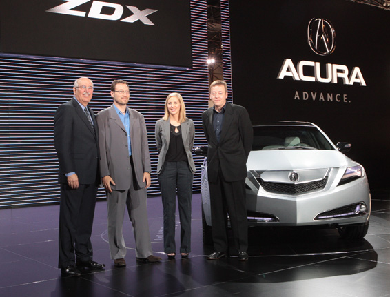 Jeff Conrad, vice president of Acura sales (left), unveiled the all-new Acura ZDX prototype during the vehicle's world debut at the New York International Auto Show today. Joining Conrad are (from left) ZDX designers Damon Schell, Michelle Christensen and Michael Wiedeman. The production version of the dramatically styled Acura ZDX goes on sale in the fall of 2009. The segment-bending ZDX features stunning coupe-like styling with the added benefit of a commanding presence and flexibility utility. For media information, please visit www.acuranews.com.