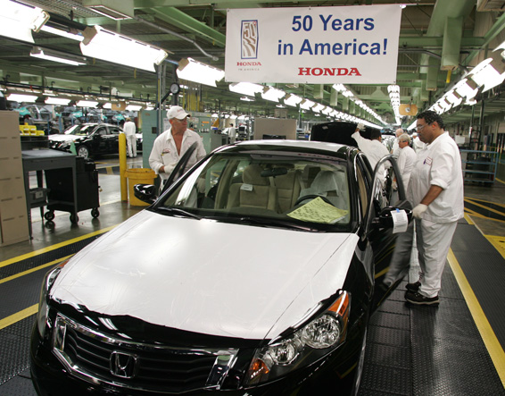 Associates at Honda's first U.S. auto plant in Marysville, Ohio, assemble vehicles on the 50th anniversary of the establishment of American Honda Motor Co. on June 11, 1959. Honda now employs more than 27,000 associates in the United States engaged in the design, development, manufacturing, sales and service of a broad range of automobiles, motorcycles and other products. Honda's U.S. manufacturing operations started in 1979. Honda operates 10 manufacturing plants in the U.S. using domestic and globally sourced parts, along with 14 R&D facilities and more than 12 regional sales, parts and service offices. Honda has a network of 545 parts suppliers in the U.S., with purchases exceeding $17.5 billion in 2008.