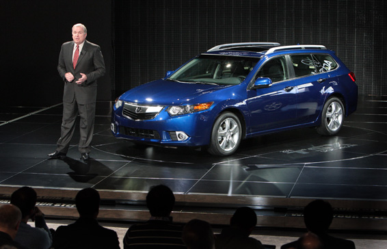 New York - March 31, 2010 - John Mendel, executive vice president, American Honda, unveiled the all-new 2011 Acura TSX Sport Wagon during the vehicle's world debut at the New York International Auto Show today. Featuring a 2.4-liter, all aluminum DOHC i-VTEC inline four-cylinder engine; 17-inch, 5-spoke aluminum wheels; Sequential Sportshift 5-speed automatic transmission and room for five passengers, TSX Sport Wagon delivers brisk performance while achieving an estimated 30 mpg. The 2011 TSX Sport Wagon is set to arrive at Acura dealerships in late fall. (Joe Wilssens photo) For more information contact Gary Robinson at 310-783-3165.