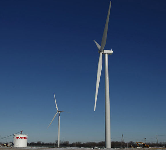 Two wind turbines set to begin operation at Honda Transmission Mfg. plant in Russells Point, Ohio.