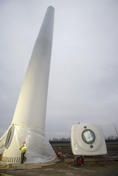 Wind Turbine tower and nacelle assembly being prepared for final construction at Honda Transmission Mfg. plant in Russells Point, Ohio