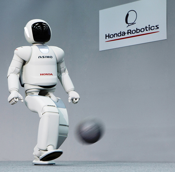 ASIMO can run, hop on one leg, change directions and kick.