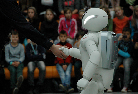 ASIMO visits the Techmania Science Centre in Plzen, Czech Republic