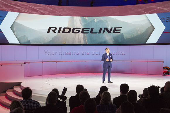 Honda Motor Co., Inc. President & CEO Takahiro Hachigo introduces the all-new 2017 Honda Ridgeline on January 11 at the 2016 North American International Auto Show in Detroit.