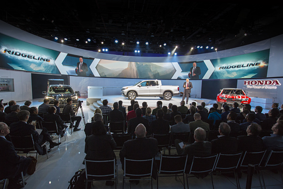 John Mendel, executive vice president, Automobile Division, of American Honda Motor Co., Inc., introduces the all-new 2017 Honda Ridgeline on January 11 at the 2016 North American International Auto Show in Detroit.