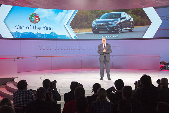 John Mendel, executive vice president, Automobile Division, of American Honda Motor Co., Inc., introduces the all-new 2017 Honda Ridgeline on January 11 at the 2016 North American International Auto Show in Detroit.