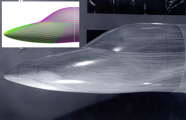 Visualization of flow around the nose section during a wind tunnel test