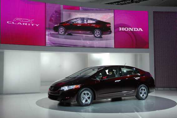 The Honda FCX Clarity hydrogen fuel cell vehicle is introduced during the LA Auto Show, Wednesday, Nov. 14, 2007. The Honda FCX Clarity, which will be available on a limited retail basis in Summer 2008, enables levels of performance previously unattainable in a fuel cell car. Photo/American Honda Motor Co. Inc.,/Susan Goldman, handout.
