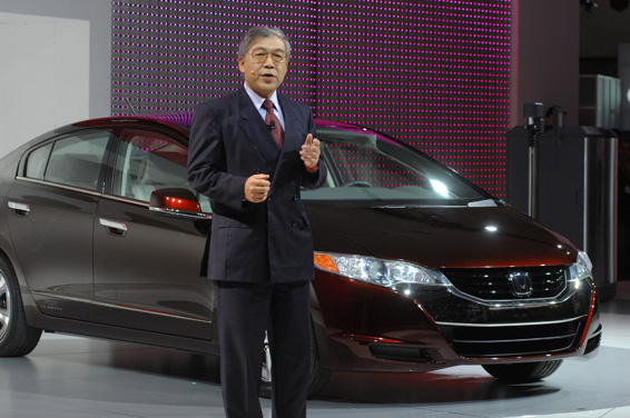 Tetsuo Iwamura, president and chief executive officer of American Honda Motor, Co., Inc., introduces the Honda FCX Clarity hydrogen fuel cell vehicle during the LA Auto Show, Wednesday, Nov. 14, 2007. The Honda FCX Clarity, which will be available on a limited retail basis in Summer 2008, enables levels of performance previously unattainable in a fuel cell car. Photo/American Honda Motor Co. Inc.,/Susan Goldman, handout.