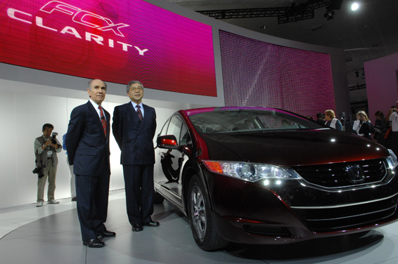 Tetsuo Iwamura, right, president and chief executive officer of American Honda Motor, Co., Inc., and Dan Bonawitz, vice president corporate planning ang logistics, introduce the Honda FCX Clarity hydrogen fuel cell vehicle during the LA Auto Show, Wednesday, Nov. 14, 2007. The Honda FCX Clarity, which will be available on a limited retail basis in Summer 2008, enables levels of performance previously unattainable in a fuel cell car. Photo/American Honda Motor Co. Inc.,/Susan Goldman, handout.