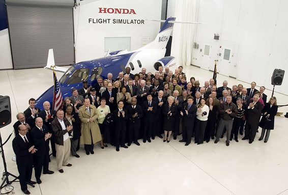 North Carolina government and community leaders along Honda executives gather for a group photo in front of the new HondaJet following a press conference announcing Honda Aircraft Company's plan to establish its headquarters and production facility for the new HondaJet in Greensboro, N.C. on Friday, Feb. 9, 2007. (Honda Photo by Chris Keane)