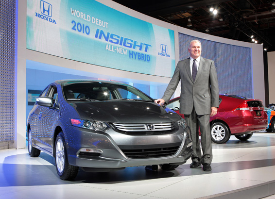 2010 Honda Insight World Debut - Detroit Ð January 11, 2009, John Mendel, executive vice president of American Honda Motor Co., Inc., introduces the production version of the all-new 2010 Honda Insight, a dedicated gasoline-electric hybrid vehicle, during its world debut at the North American International Auto show in Detroit today. New Honda Insight features include Eco Assist, an interactive, driver-focused fuel efficiency enhancement technology. For more information contact Honda Public Relations at 310-783-3170.