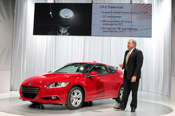 Detroit - January 11, 2010 - John Mendel, executive vice president, American Honda Motor Co., Inc., introduced the production version of the all-new 2011 CR-Z Sport Hybrid at the North American International Auto Show today. Featuring a 1.5 liter i-VTEC 4-cylinder engine with Honda's Integrated Motor Assist (IMA) Hybrid System, CR-Z has a 10 kW electric motor that produces an estimated 122 horsepower and allows drivers to choose sport, normal or economy performance. Honda CR-Z standard features include; vehicle stability assist, six airbags, 16-inch alloy wheels, auto climate control and ABS. Honda CR-Z is available with a 6-speed manual transmission or a continuously variable transmission. (Joe Wilssens photo)
