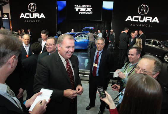 New York - March 31, 2010 - John Mendel, executive vice president, American Honda, unveiled the all-new 2011 Acura TSX Sport Wagon during the vehicle's world debut at the New York International Auto Show today. Featuring a 2.4-liter, all aluminum DOHC i-VTEC inline four-cylinder engine; 17-inch, 5-spoke aluminum wheels; Sequential Sportshift 5-speed automatic transmission and room for five passengers, TSX Sport Wagon delivers brisk performance while achieving an estimated 30 mpg. The 2011 TSX Sport Wagon is set to arrive at Acura dealerships in late fall. (Joe Wilssens photo) For more information contact Gary Robinson at 310-783-3165.