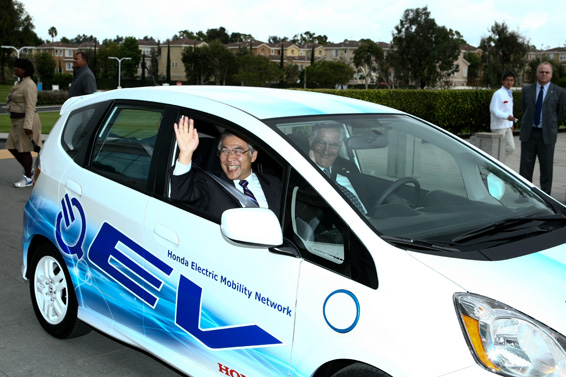 Honda launched an Electric Vehicle Demonstration program on December 15, 2010, with Torrance Mayor Frank Scotto (driving) and American Honda Motor Co., Inc., President and CEO Tetsuo Iwamura, conducting the first public test drive of a Fit EV prototype and an Accord Sedan test vehicle outfitted with a new two-motor plug-in hybrid system.