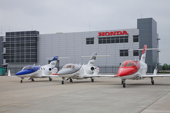 Experimental HondaJet, first production HondaJet, and third production HondaJet (from left to right)