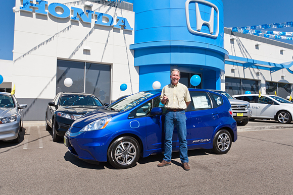 Matt Walton of Ventura County, Calif., takes delivery of the first 2013 Honda Fit EV, now available on-lease in select California and Oregon markets.