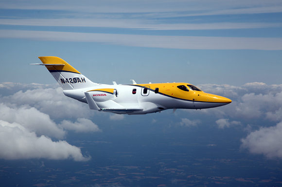 Honda Aircraft Company announced the successful first flight of F3, the fourth FAA-conforming HondaJet, seen here in the skies above the Piedmont Triad Region of North Carolina, on May 4, 2012.