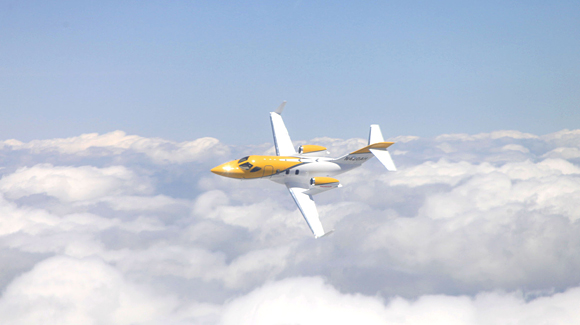 Honda Aircraft Company announced the successful first flight of F3, the fourth FAA-conforming HondaJet, seen here in the skies above the Piedmont Triad Region of North Carolina, on May 4, 2012.