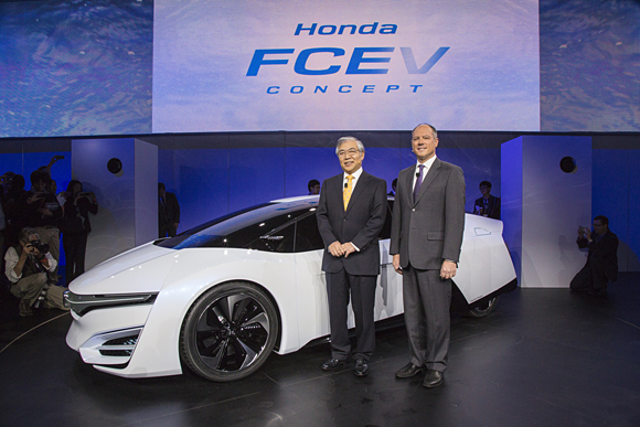 Tetsuo Iwamura, President and CEO and Mike Accavitti Senior Vice President of Auto Operations, American Honda Motor Co., Inc. introduces the Honda FCEV Concept at the 2013 Los Angeles Auto Show.