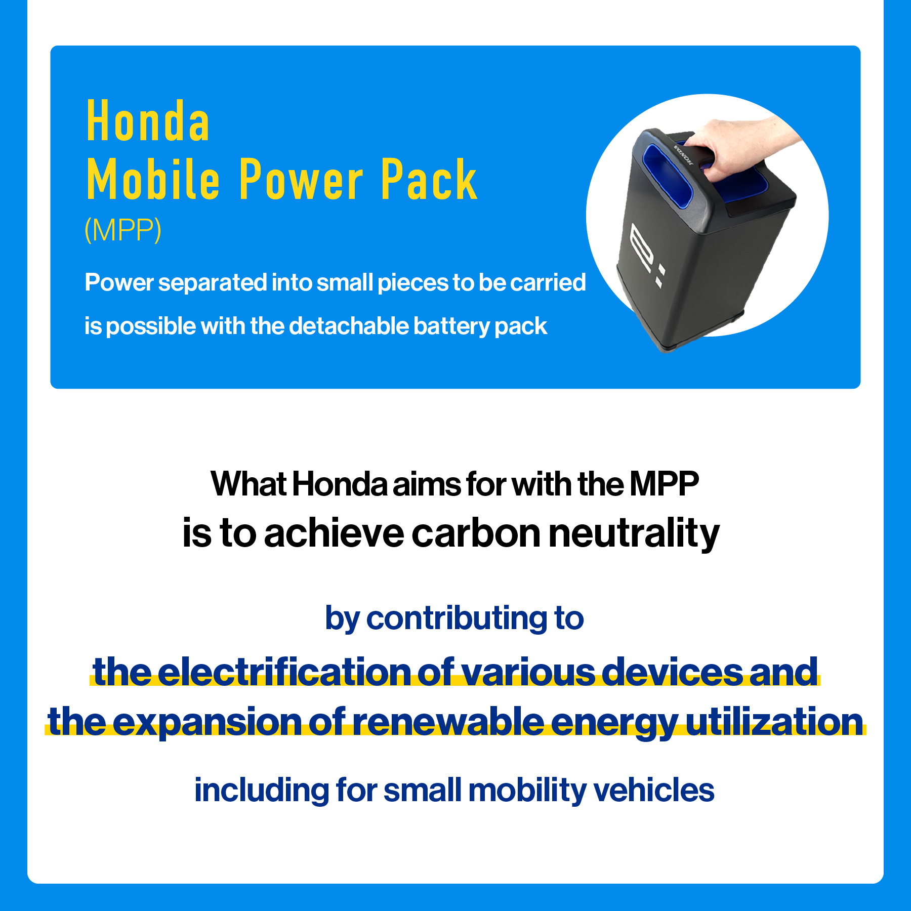 What Honda aims for with the Mobile Power Pack is the electrification of various devices and the expansion of renewable energy utilization