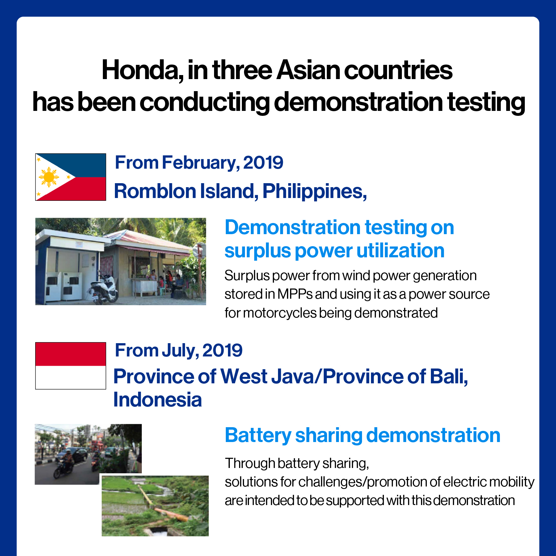 Demonstration tests conducted by Honda in Asia (Philippines, Indonesia)