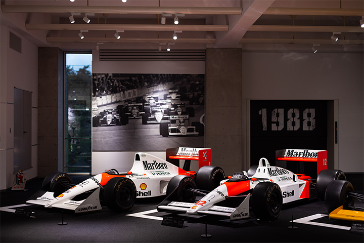 The McLaren Honda MP4/6 and the McLaren Honda MP4/4 on display at the Honda Collection Hall