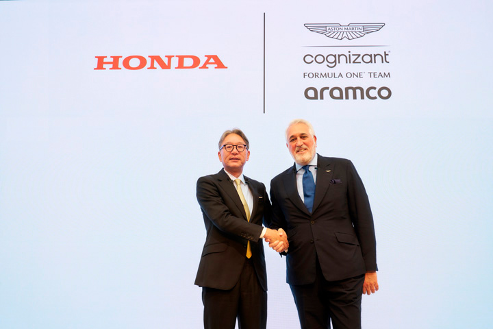 On May 24, 2023, Honda announced its plans to participate in F1 from the 2026 season.  The photo shows Toshihiro Mibe, Global CEO of Honda (left), and Lawrence Stroll, Executive Chairman of Aston Martin F1 Team (right).