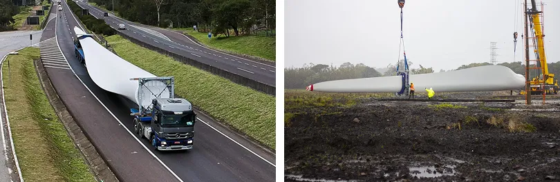The turbines used in the wind farm weigh 15 tons and are 55 meters long, which made the transportation process quite challenging.