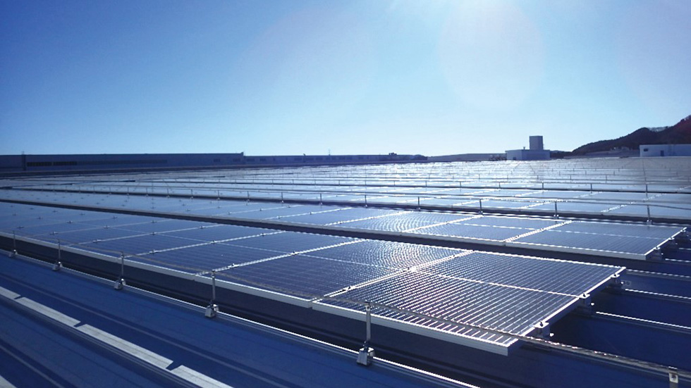 Solar panels installed on the roofs of Saitama Factory Automobile Plant buildings in Japan