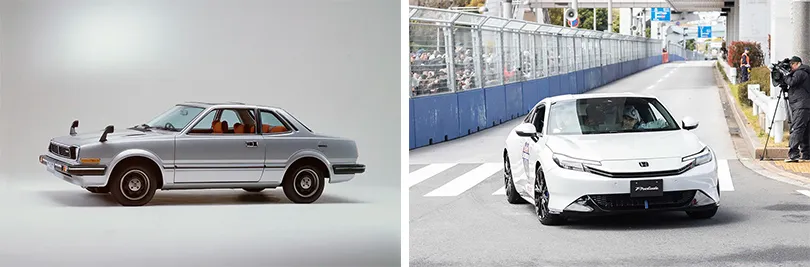 1978年に誕生した初代PRELUDE（左）と、2025年4月に東京・お台場で開催されたイベントで公道特設コースを走行したPRELUDEプロトタイプ（右）
