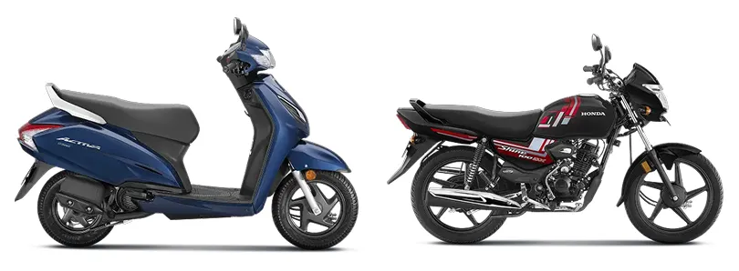 HMSIを代表するモデルである、足を揃えて乗るスクータータイプのActiva110（左）と「ルーラル開拓（後述）」で重要な役割を果たす、跨って乗るモーターサイクルタイプのShine100 DX（右）