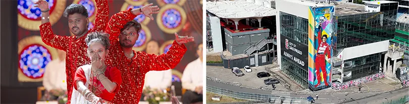 （左）インドならではのダンスパフォーマンス（右）ブラジルらしいアイルトン・セナ選手の壁画