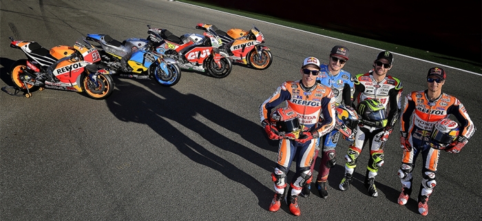 タイトル獲得に貢献したライダーとRC213V (左から、マルク・マルケス、ジャック・ミラー、 カル・クラッチロー、ダニ・ペドロサ)