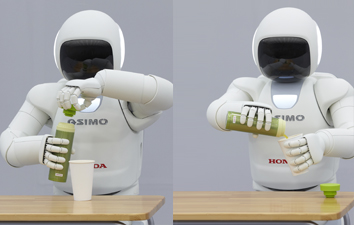 ASIMO holding a water bottle, opening the top, and pouring the drink into a paper cup