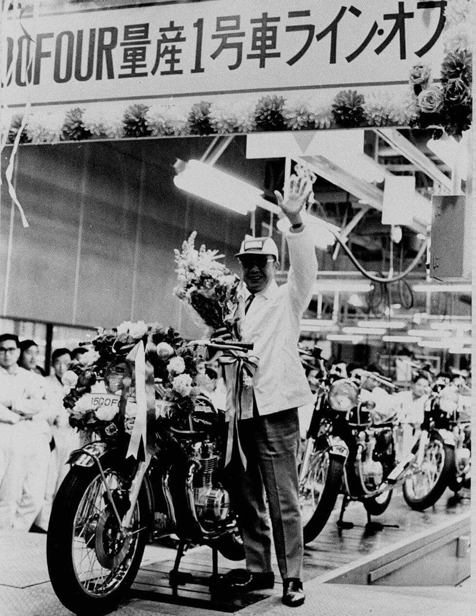 Circa March 1971<br />Honda President Soichiro Honda and the first mass-produced CB500 FOUR at the line-off ceremony at Hamamatsu Factory.