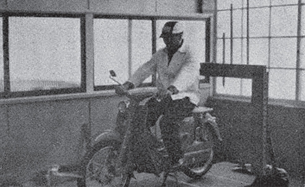 May, 1958 - Soichiro Honda smiles broadly astride the Super Cub prototype. (photo from Honda in-house newsletter)