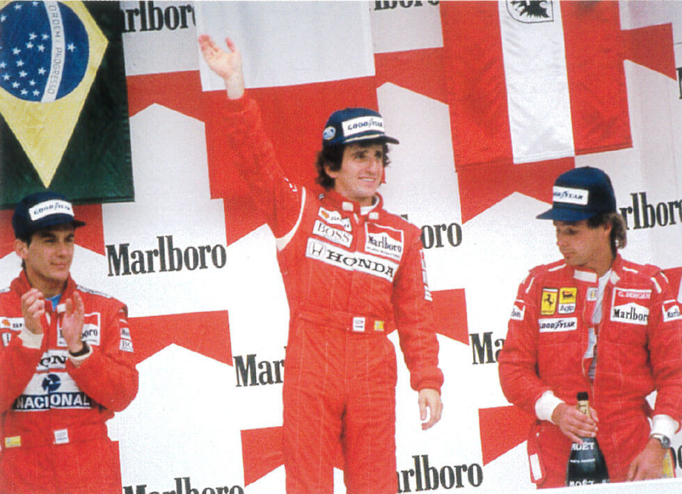 The winner's podium at the 1988 Mexican GP McLaren Honda dominated the season, winning 15 of 16 races