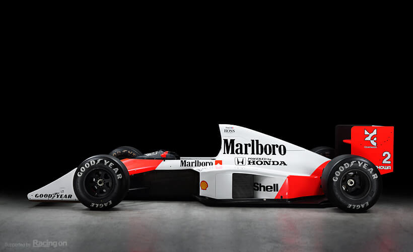 The MP4/5 had a strikingly different impression from the thin and low MP4/4 as its air intake was moved to the rollover bar position and the engine cover design had changed. The car still did not follow the high nose concept, and the huge front and rear wings show that it had not yet broken away from its “reliance” on Honda.