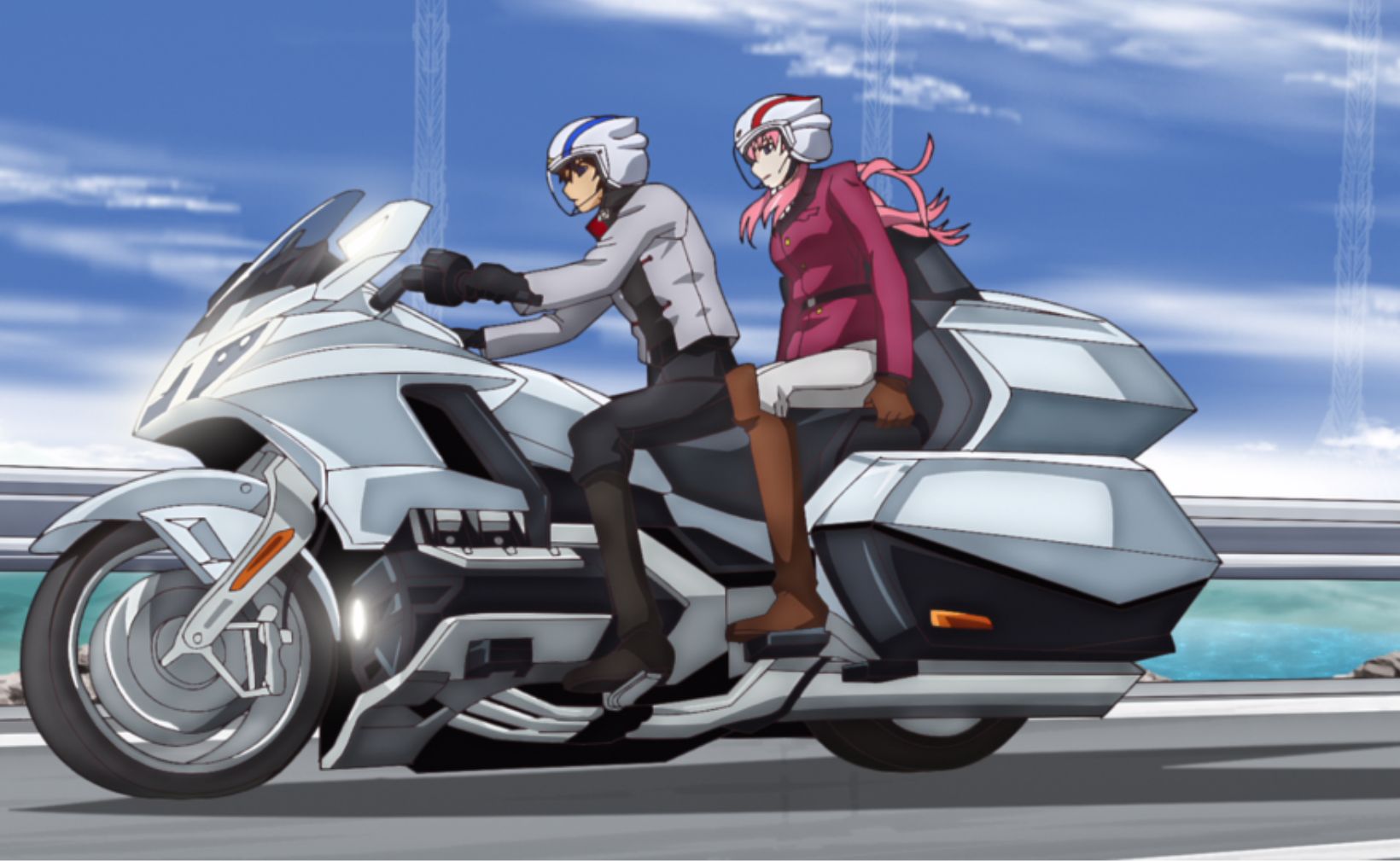 In the scene where Kira and Lacus ride the Gold Wing, helmets and wear are newly designed and drawn.