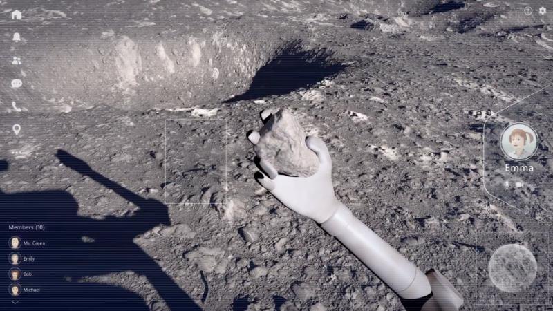 Image of a multi-fingered hand picking up a rock on the Moon